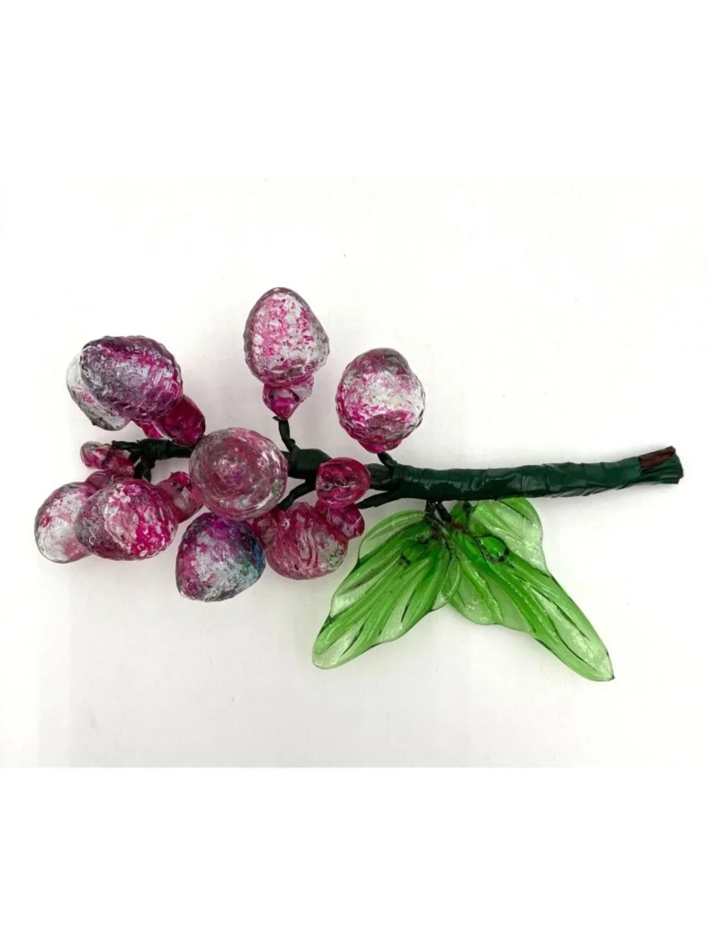 Vintage Handblown Glass Grape Cluster With Green Leaves Pink & Clear Decorative